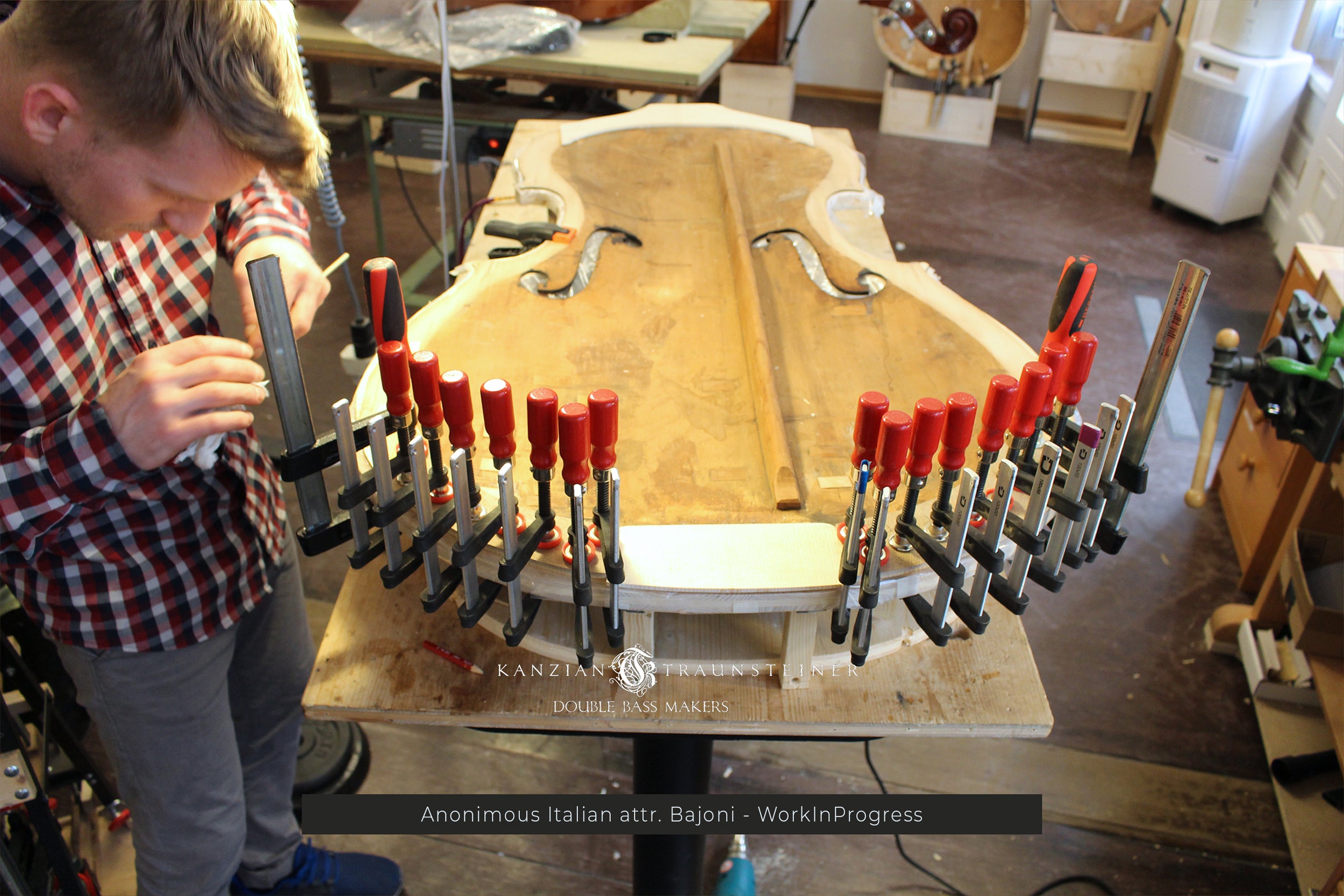 Fabian Traunsteiner restoring Anonymous Italian double bass attr. Bajoni