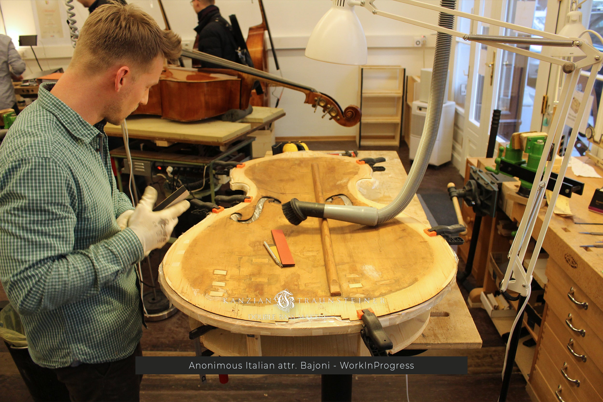 Fabian Traunsteiner restoring Anonymous Italian double bass attr. Bajoni, work in progress