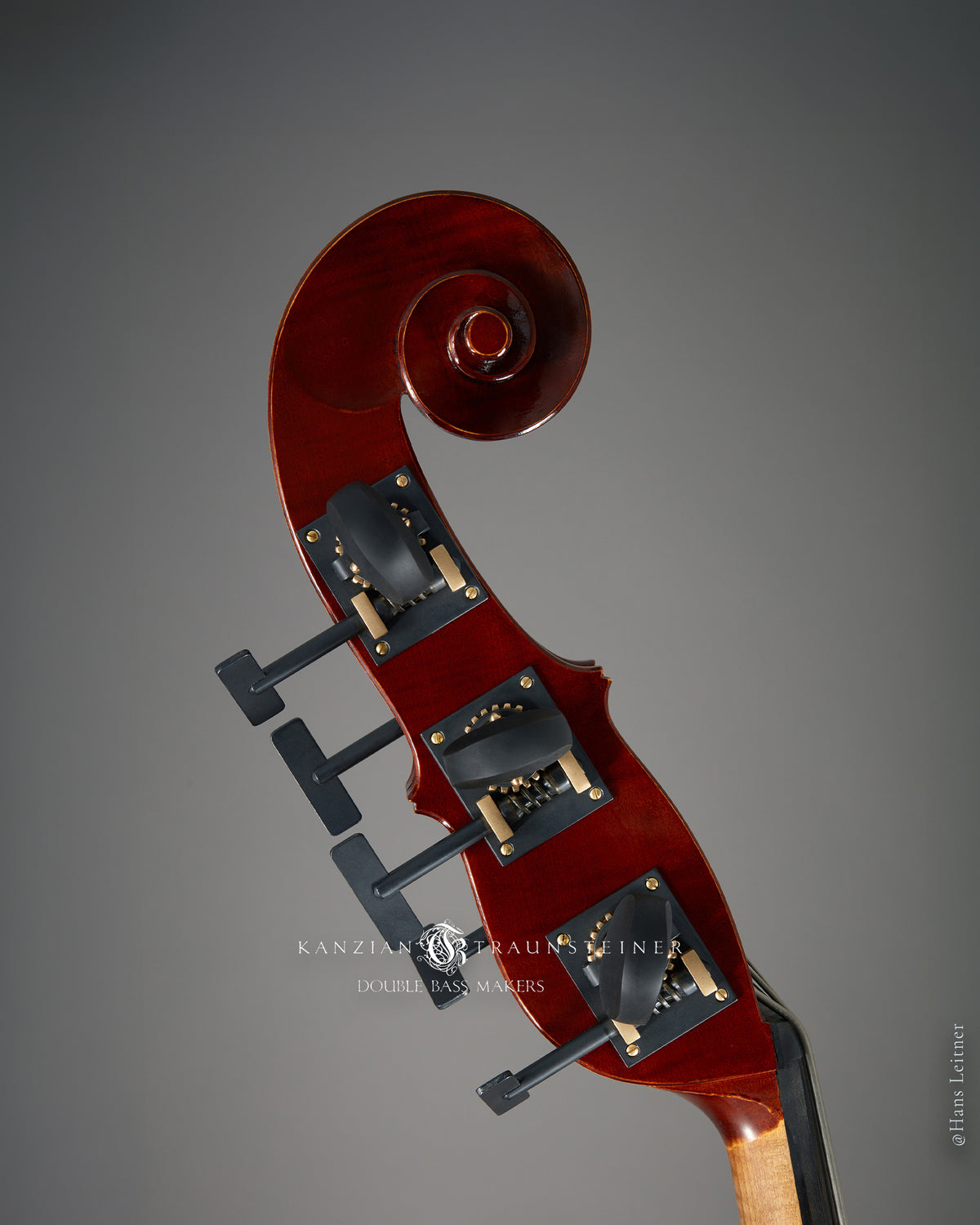 Close up of scroll right side on Kanzian & Traunsteiner Viennese Model with red varnish made in 2016