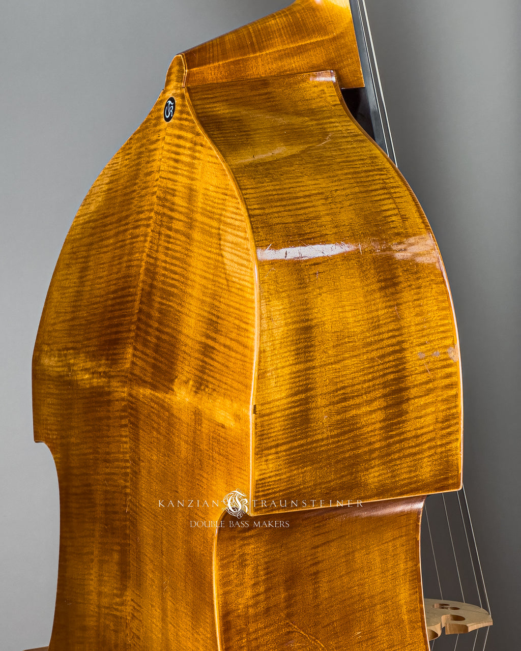 Kanzian & Traunsteiner Viennese Model Double Bass made in 2023, view from right rib and back logo