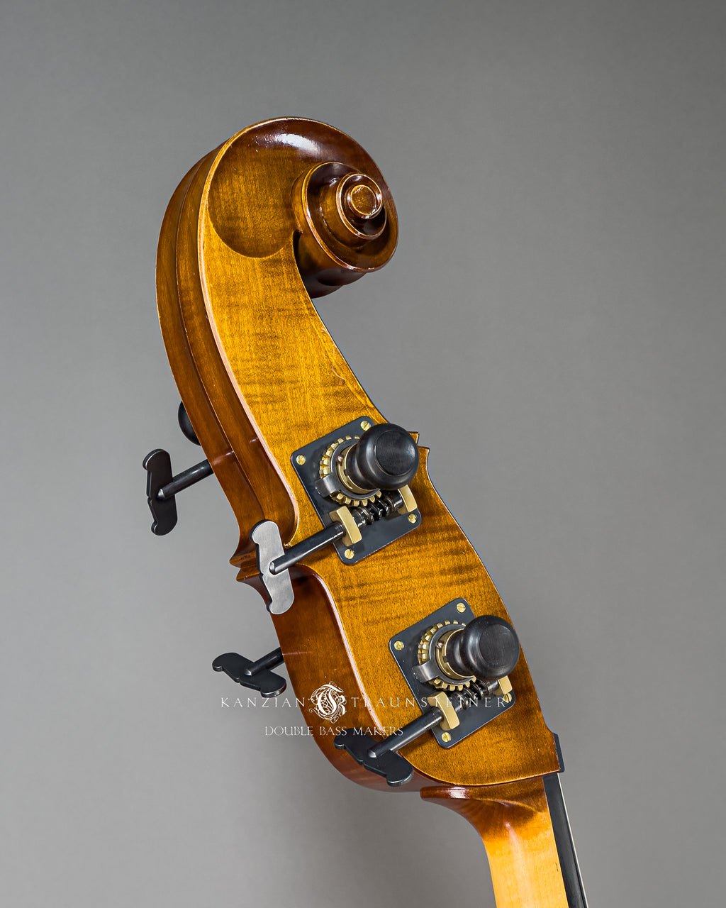 Kanzian & Traunsteiner Viennese Model Double Bass scroll oblique view from behind: made in 2023.