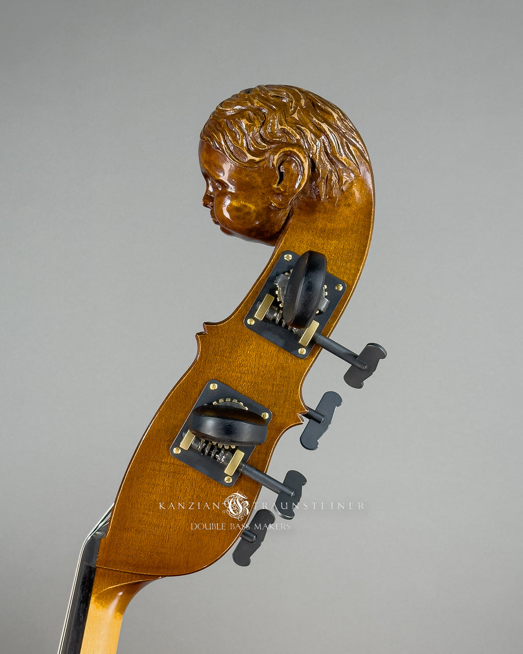 Angel Head Kanzian & Traunsteiner Viennese Model Double Bass made in 2023, left side scroll view