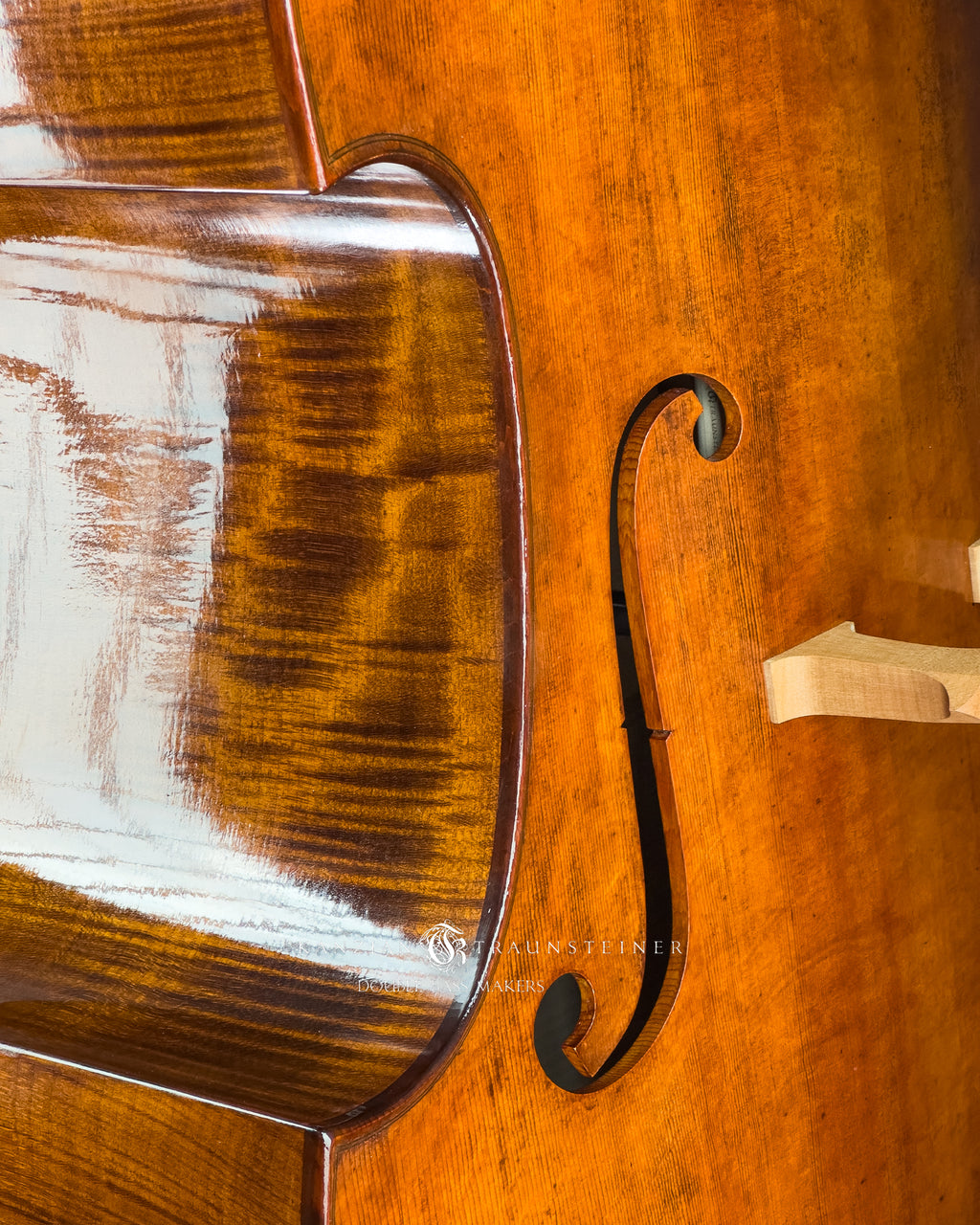 sound hole detail in No. 25 Viennese Model by Kanzian & Traunsteiner double bass makers, made in 2025