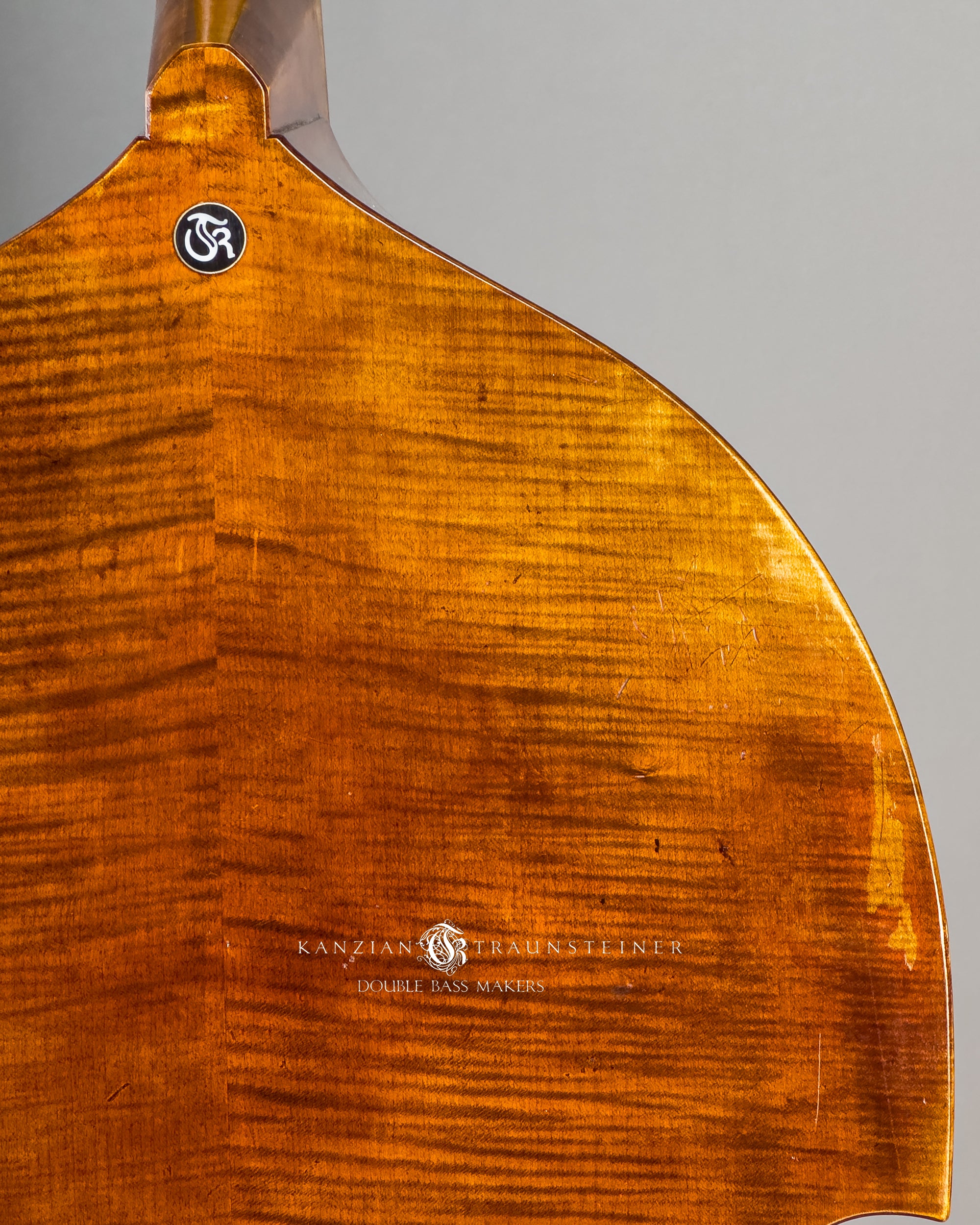 back wood close up and logo insert of Kanzian & Traunsteiner 2026 Antique Viennese Model double bass