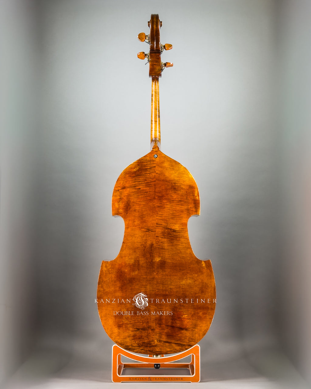 Back full view of Kanzian & Traunsteiner double bass with antique finish made in 2026