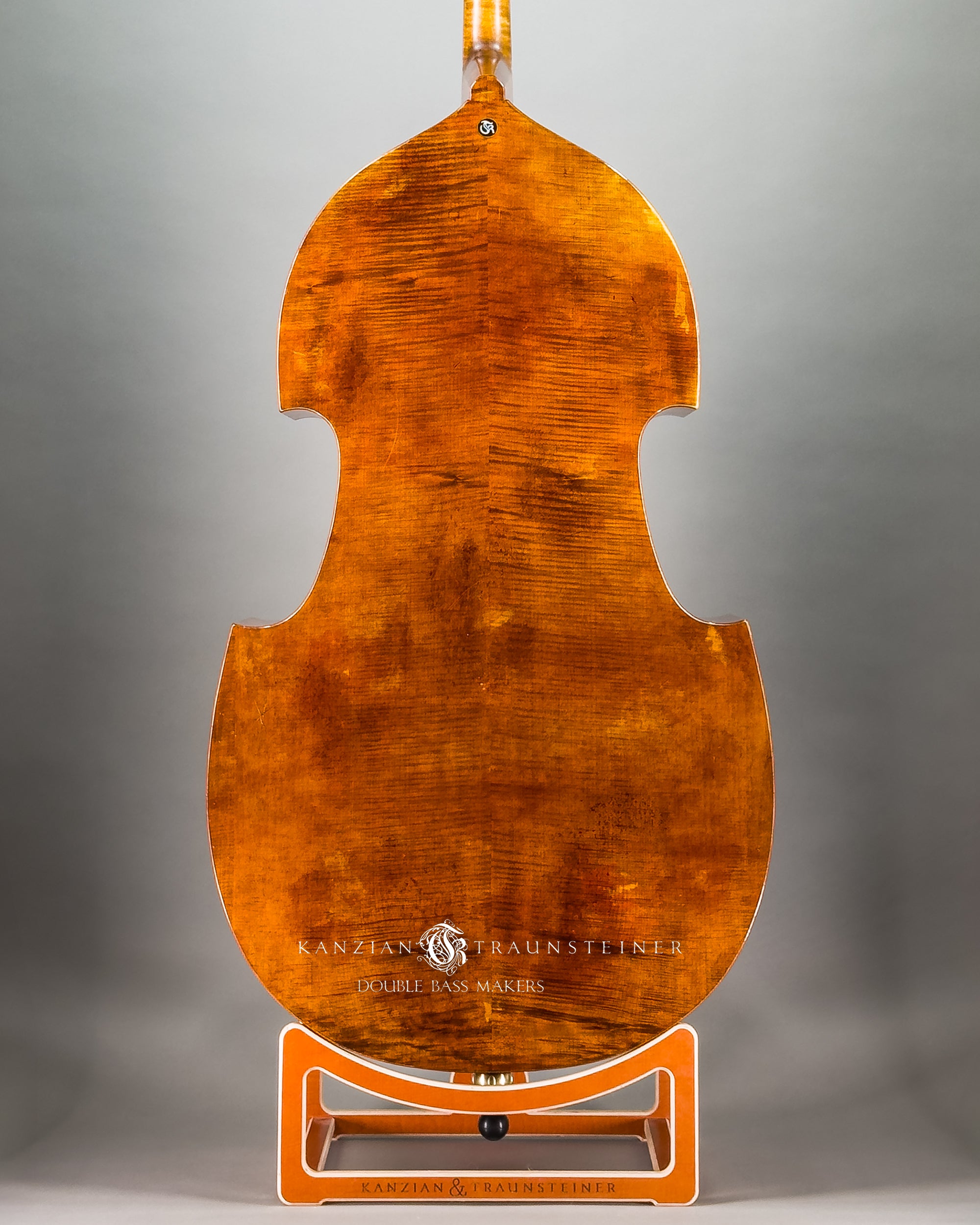 Back zoomed view ofKanzian & Traunsteiner double bass with antique finish made in 2026