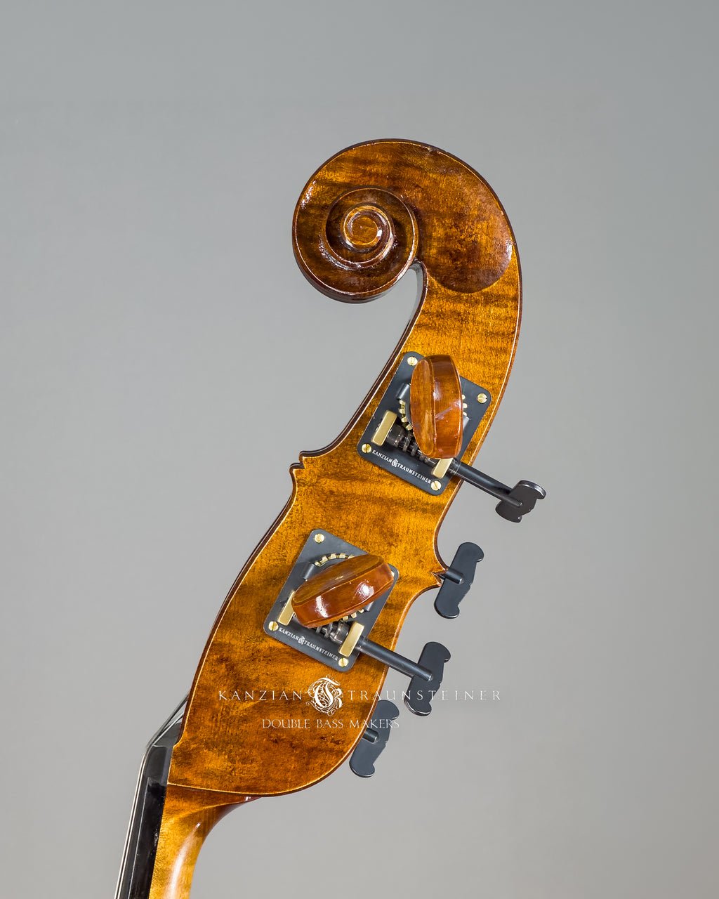 close up of left side scroll of Kanzian & Traunsteiner 2026 Antique Viennese Model double bass