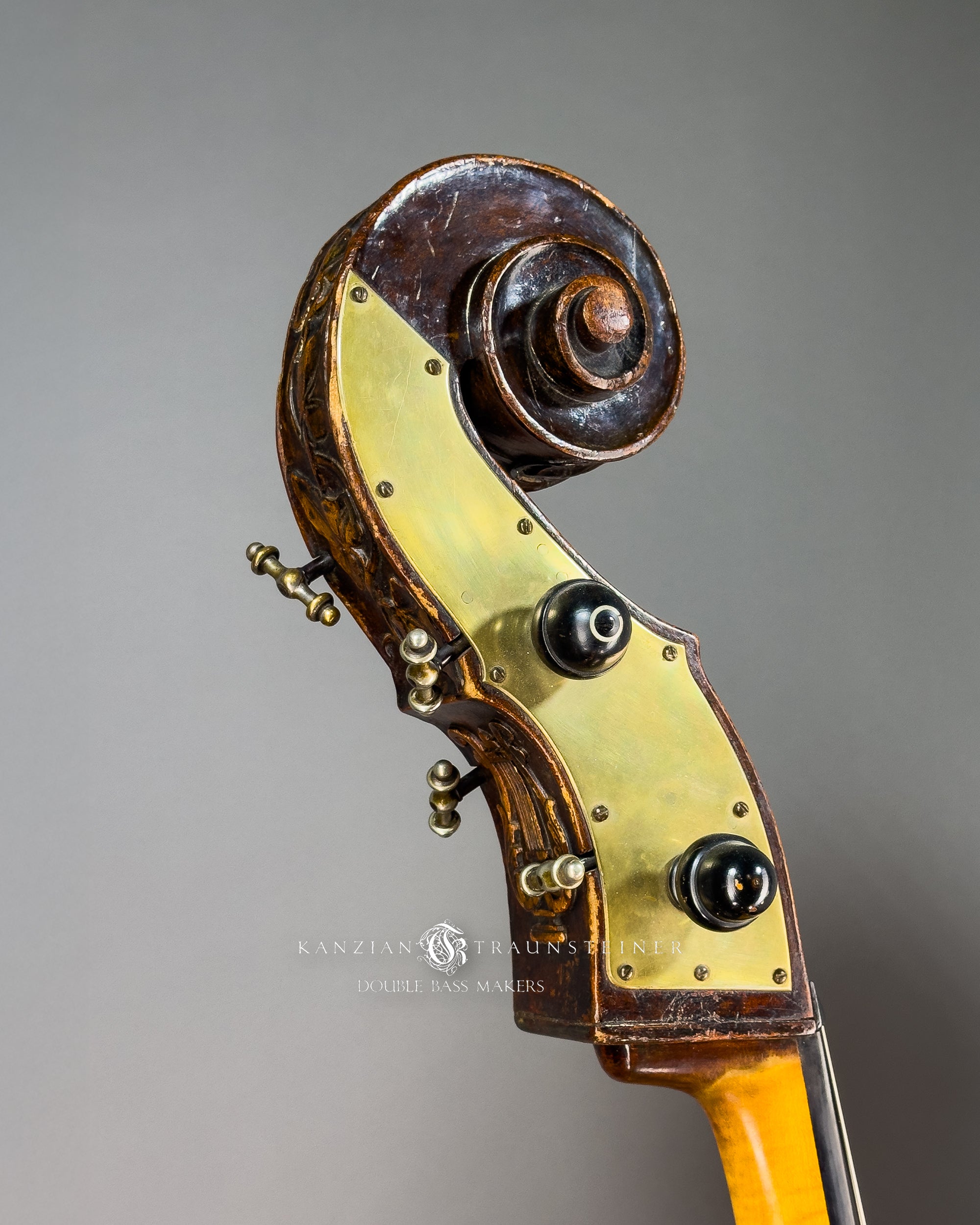 Attributed to Anton Bachmann double bass ca. 1780, oblique scroll view