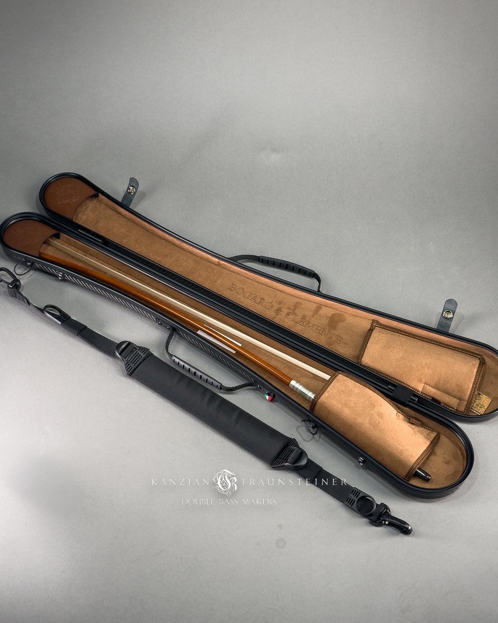 Double bass bow case in carbon fibre opened
