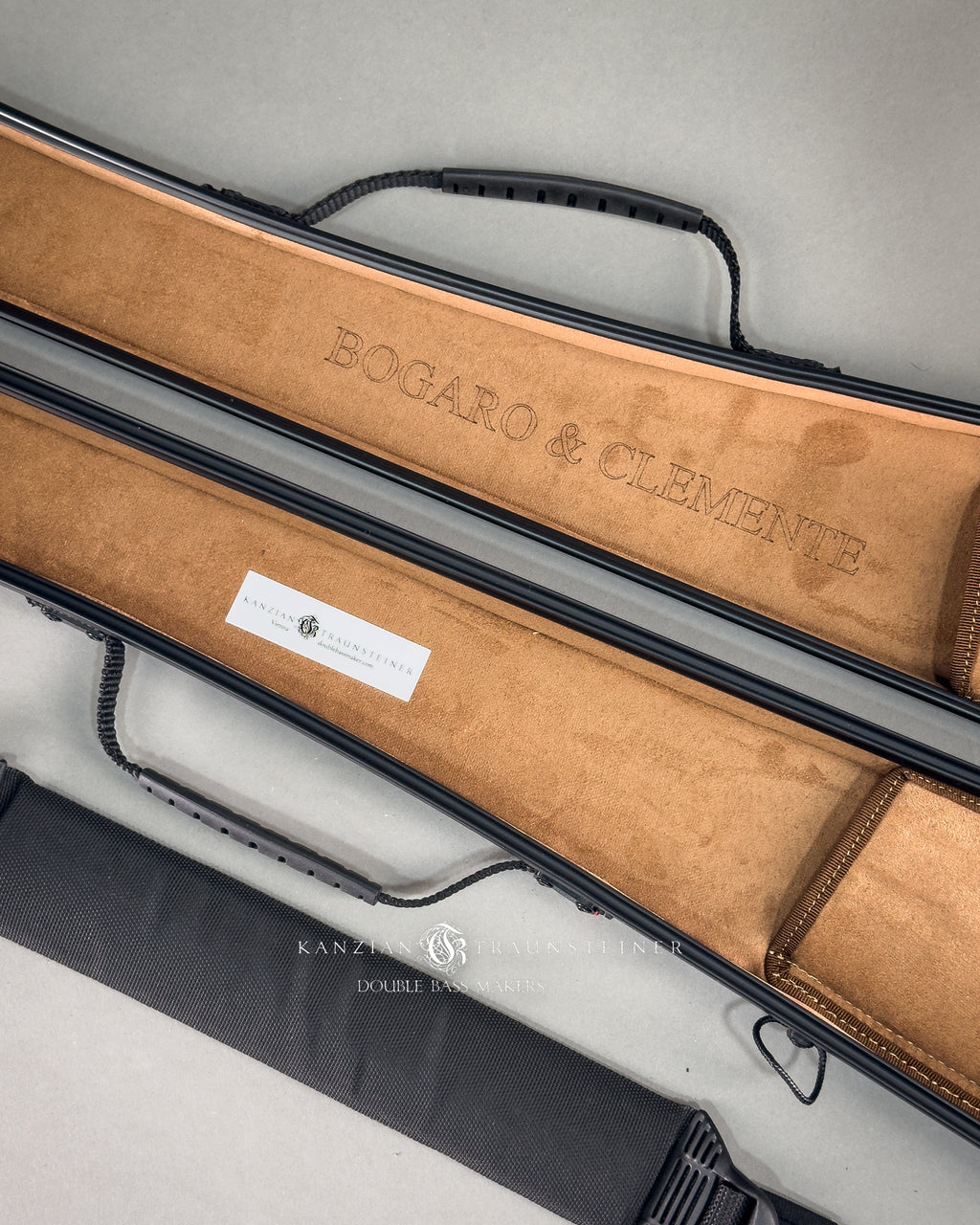 Opened 2 double bass bows case by Bogaro and Clemente in Carbon fibre