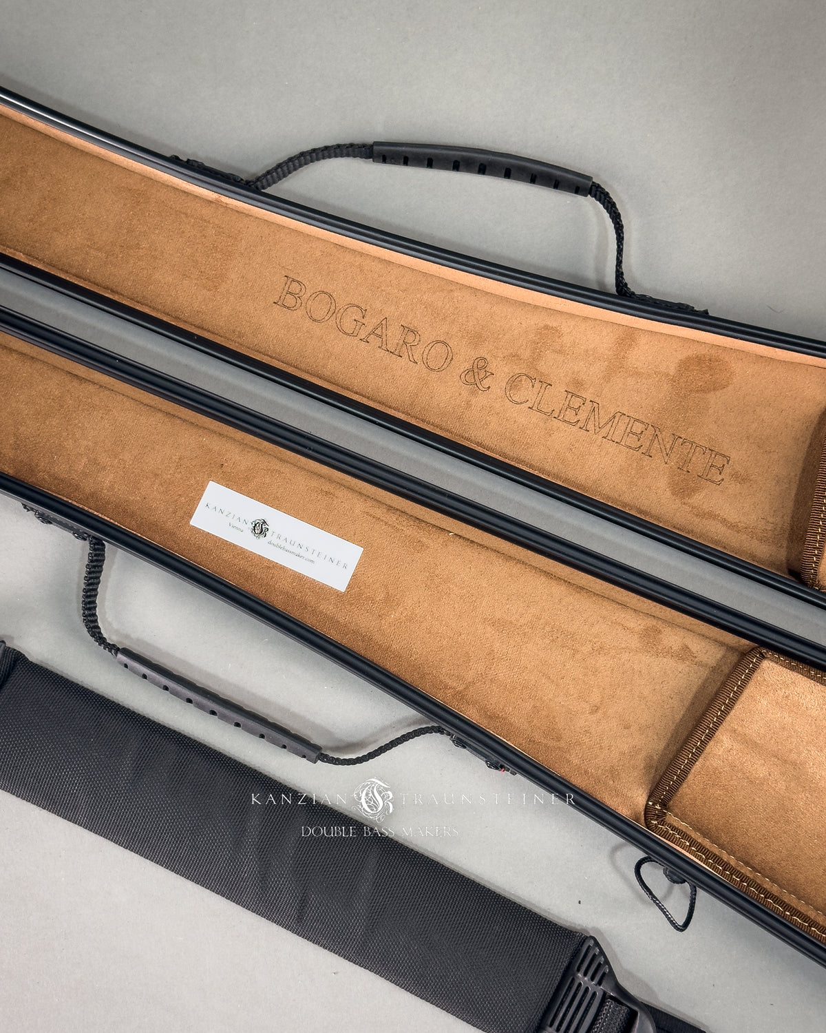 Opened 2 double bass bows case by Bogaro and Clemente in Carbon fibre