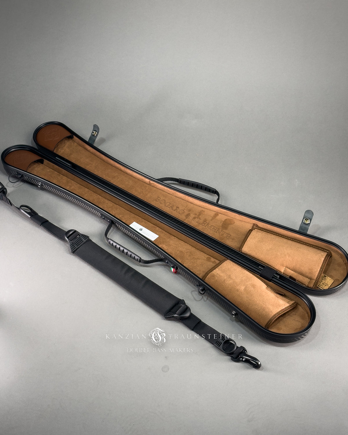 Flat opened Double bass bow case in carbon fibre