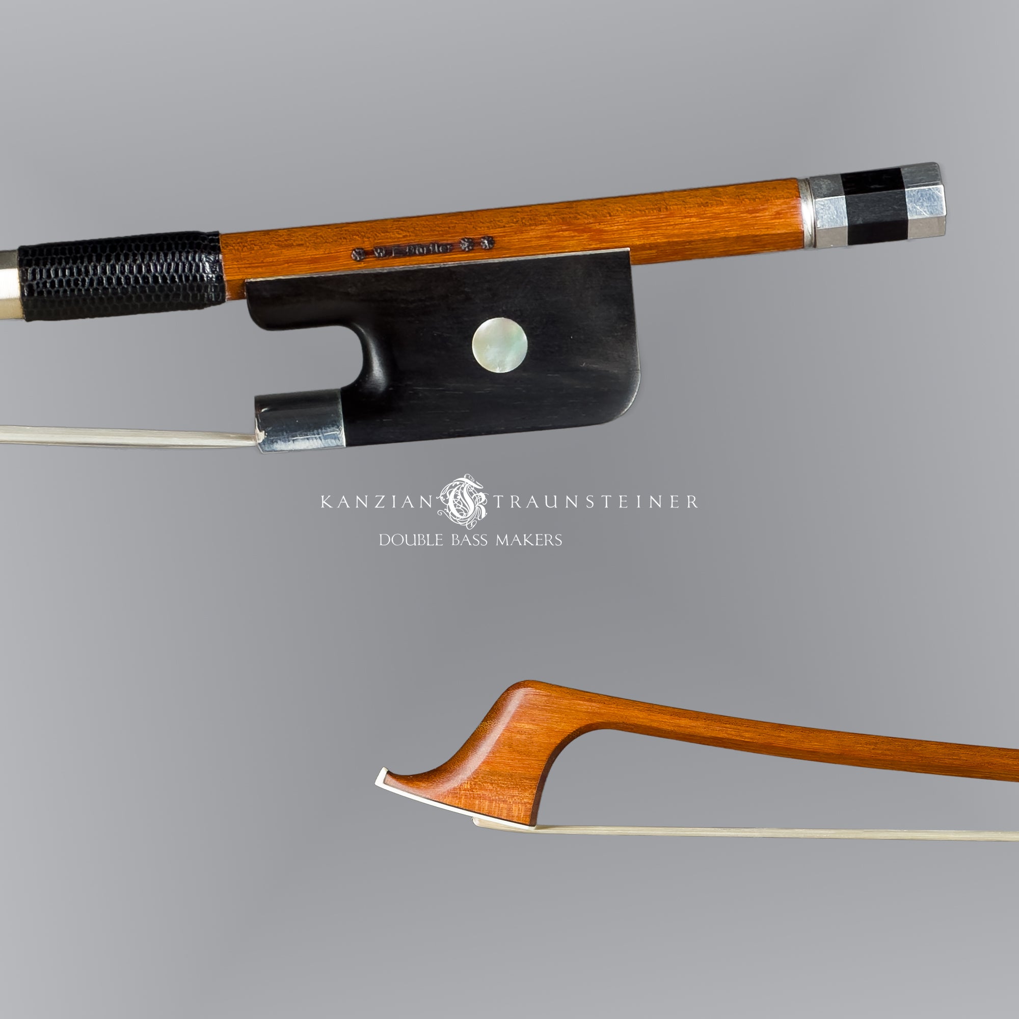 close up of Frog and tip of W.E Dorfler ** French double bass bow