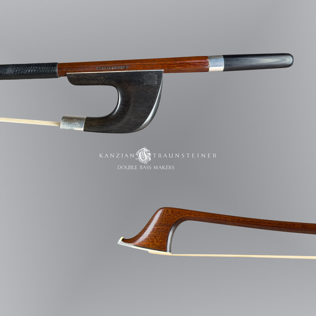 Frog and tip of Pfretzschner German double bass bow with brown varnish