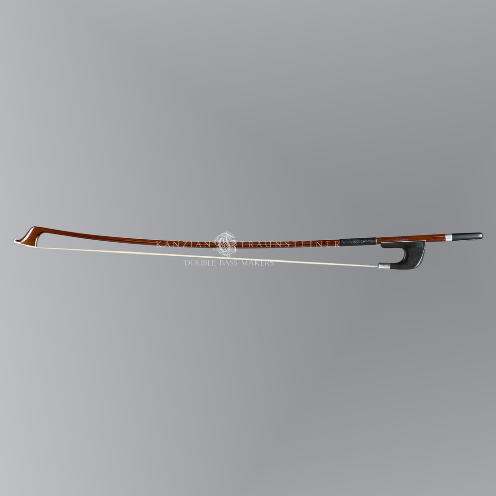 full view of Pfretzschner German double bass bow with brown varnish