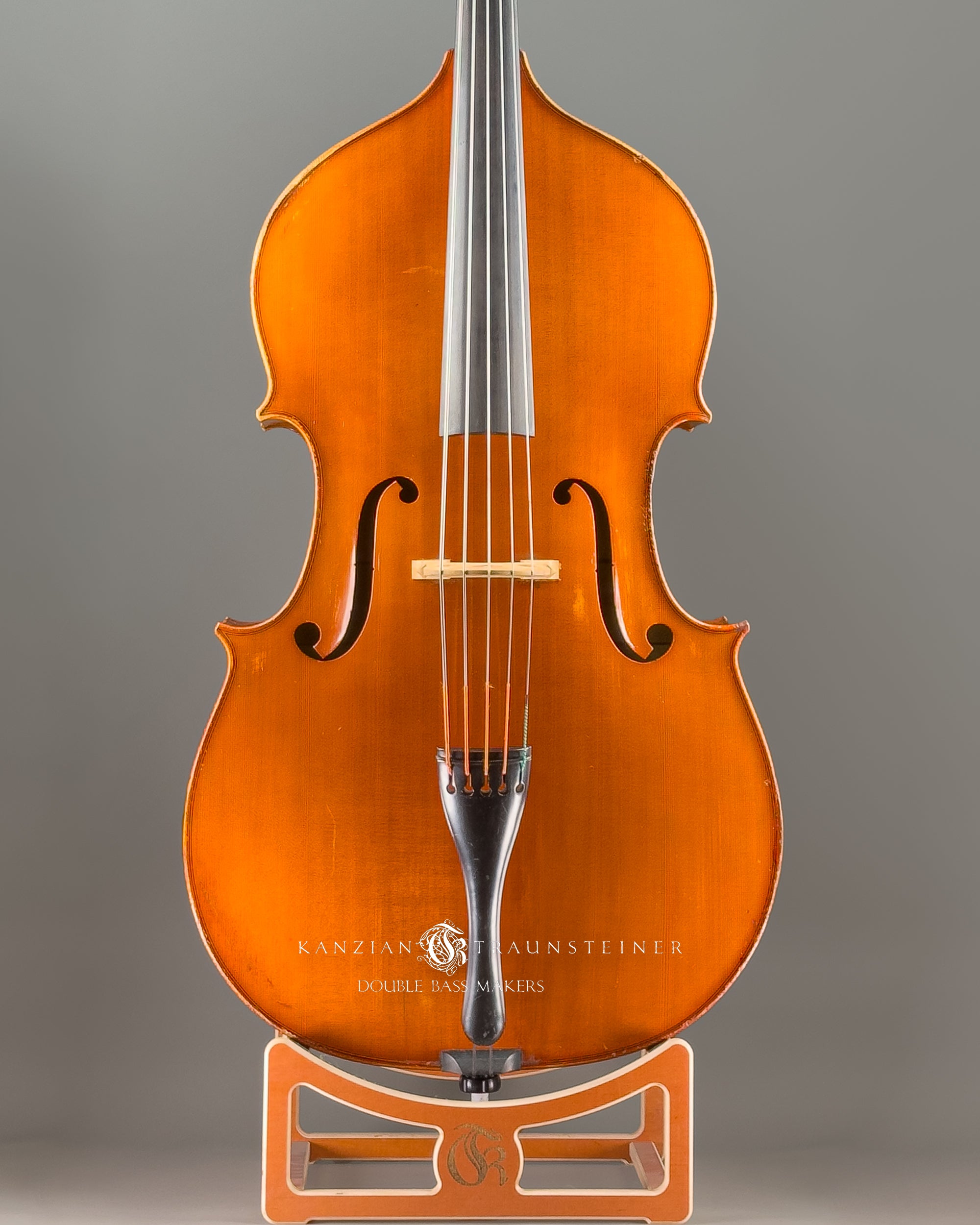 Horst Grünert 5-string double bass dated 1989, front view zoomed