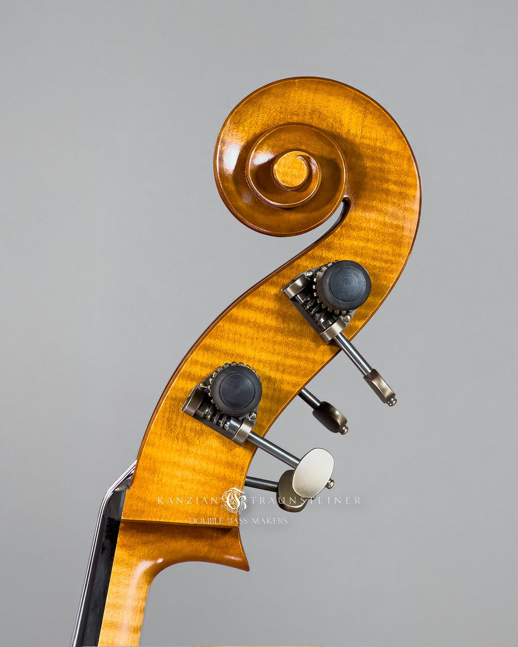 K&T Italian Model Double Bass from 2023 view of scroll from left