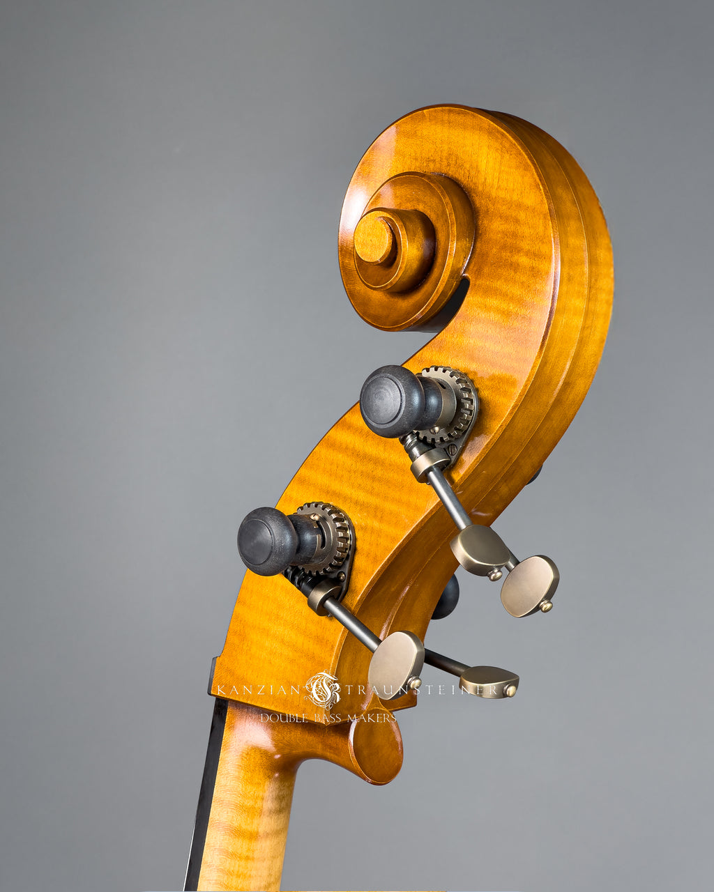 K&T Italian Model Double Bass from 2023 scroll oblique view from back left side