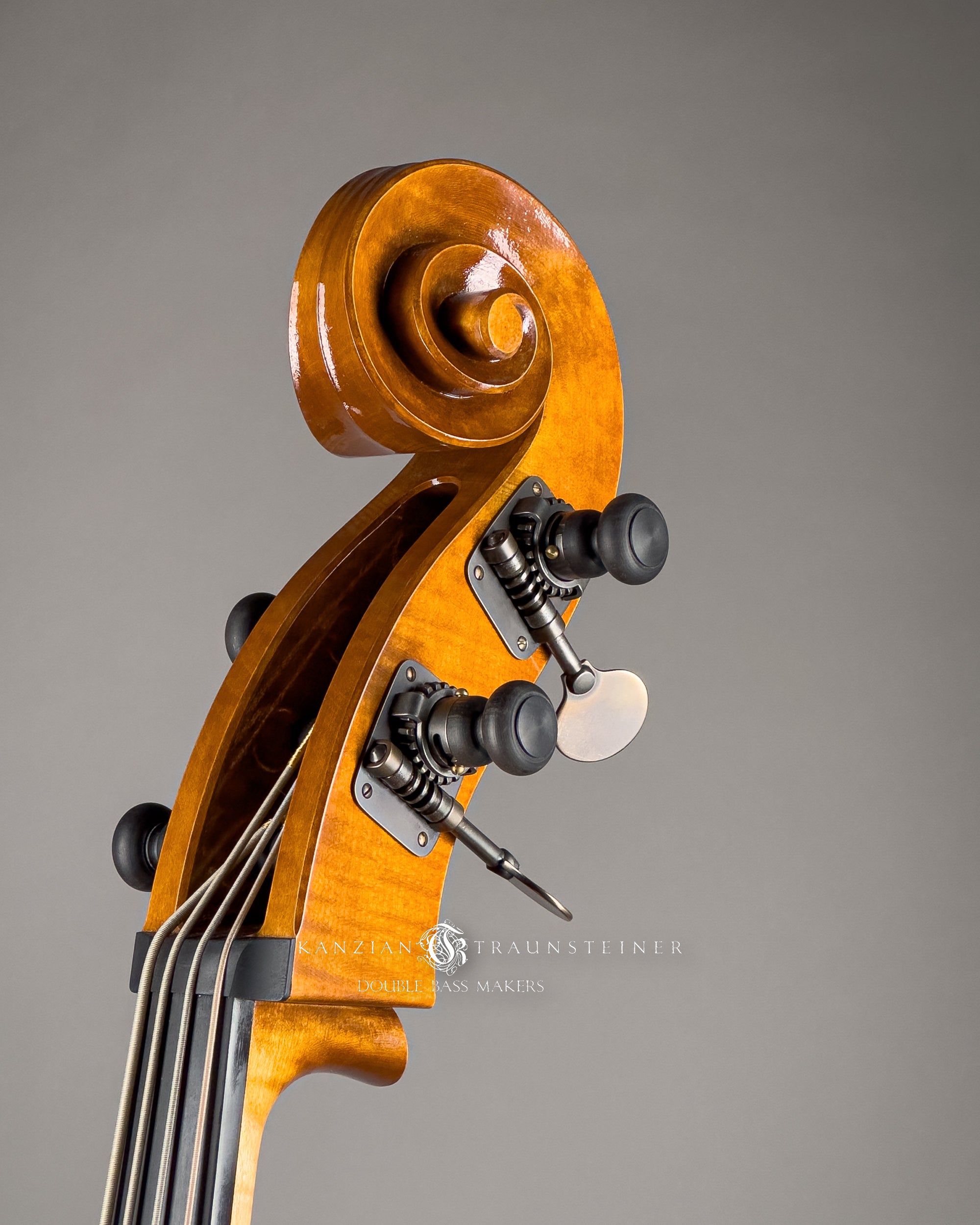 Kanzian & Traunsteiner Italian Model Double Bass made in 2024, oblique view scroll from front right