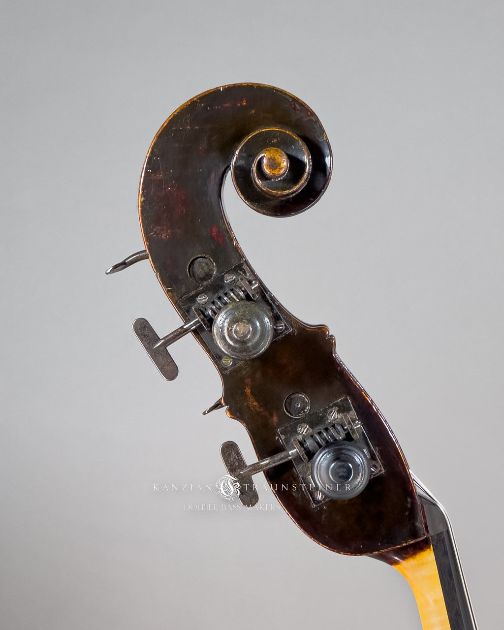 Jakob Stöhr Double Bass dated 1830, view of scroll from right