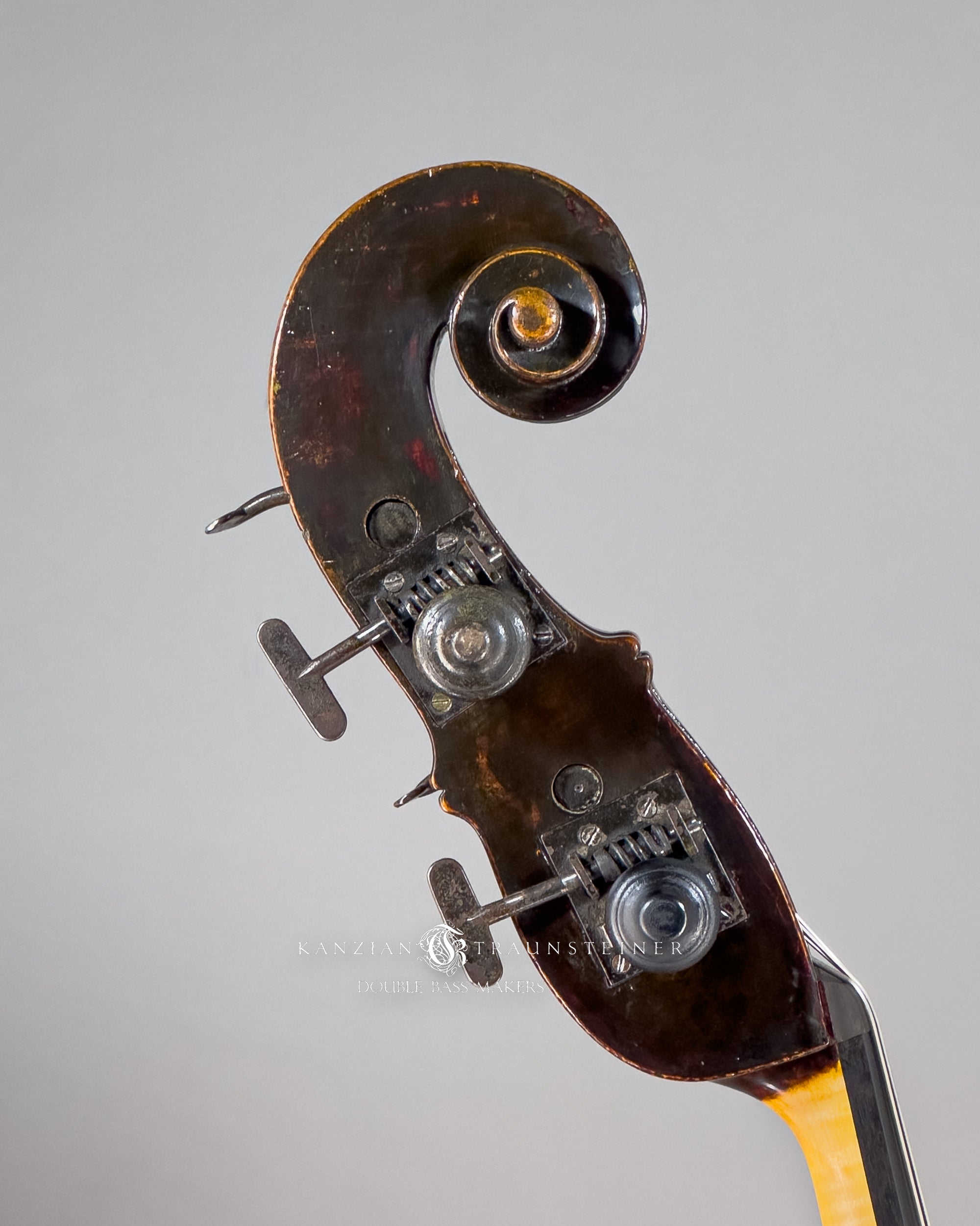 Jakob Stöhr Double Bass dated 1830, view of scroll from right