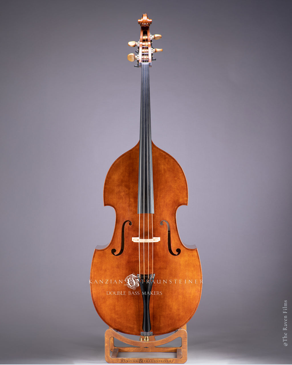 Full front view of Kanzian & Traunsteiner 2021 double bass, brown-red varnish