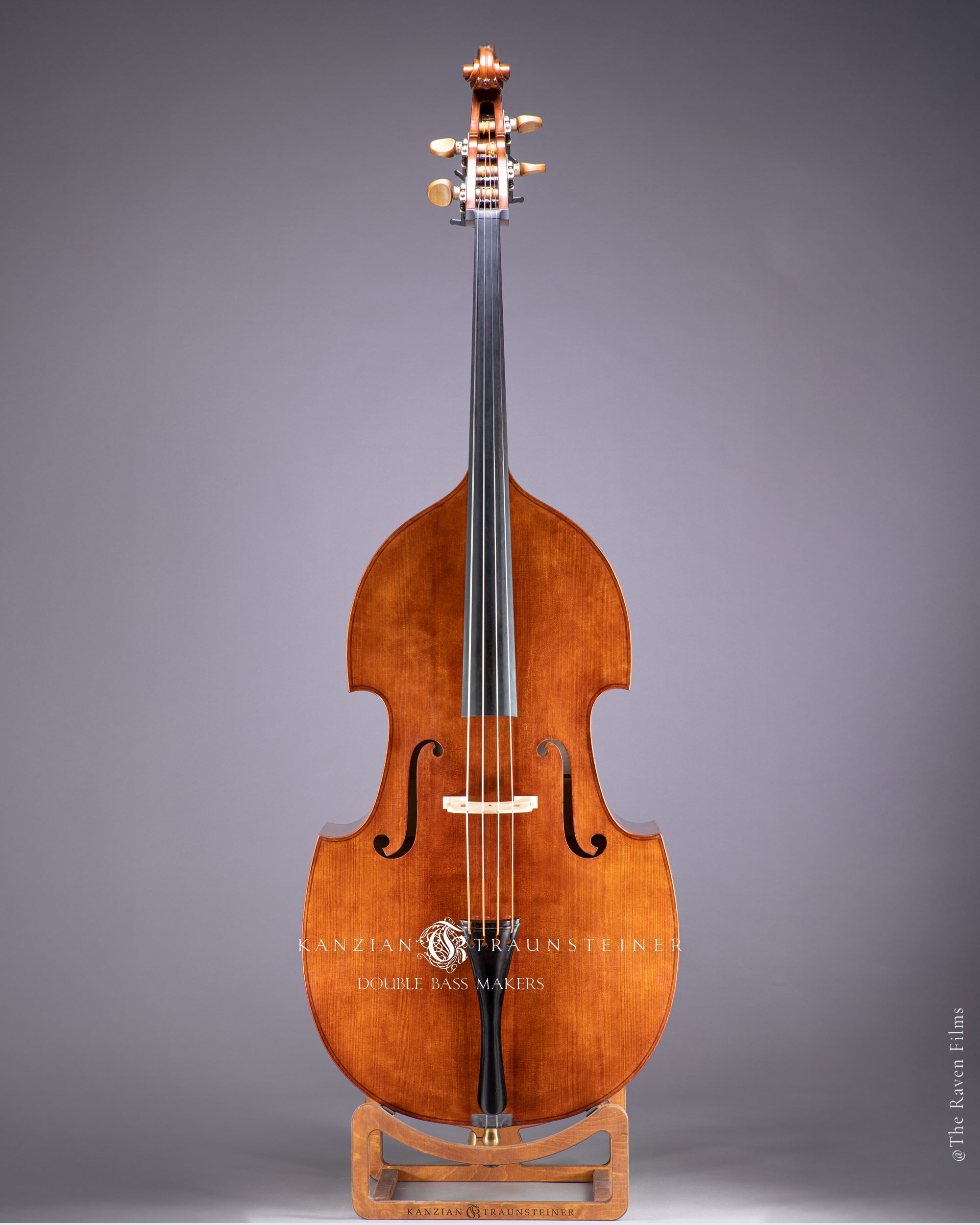 Full front view of Kanzian & Traunsteiner 2021 double bass, brown-red varnish
