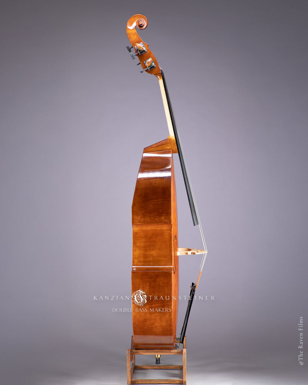 right view of Kanzian & Traunsteiner 2021 double bass, brown-red varnish