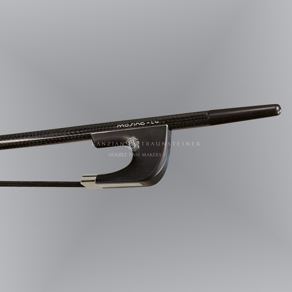 Carbon fibre Double bass bow Müsing L4 on a grey background