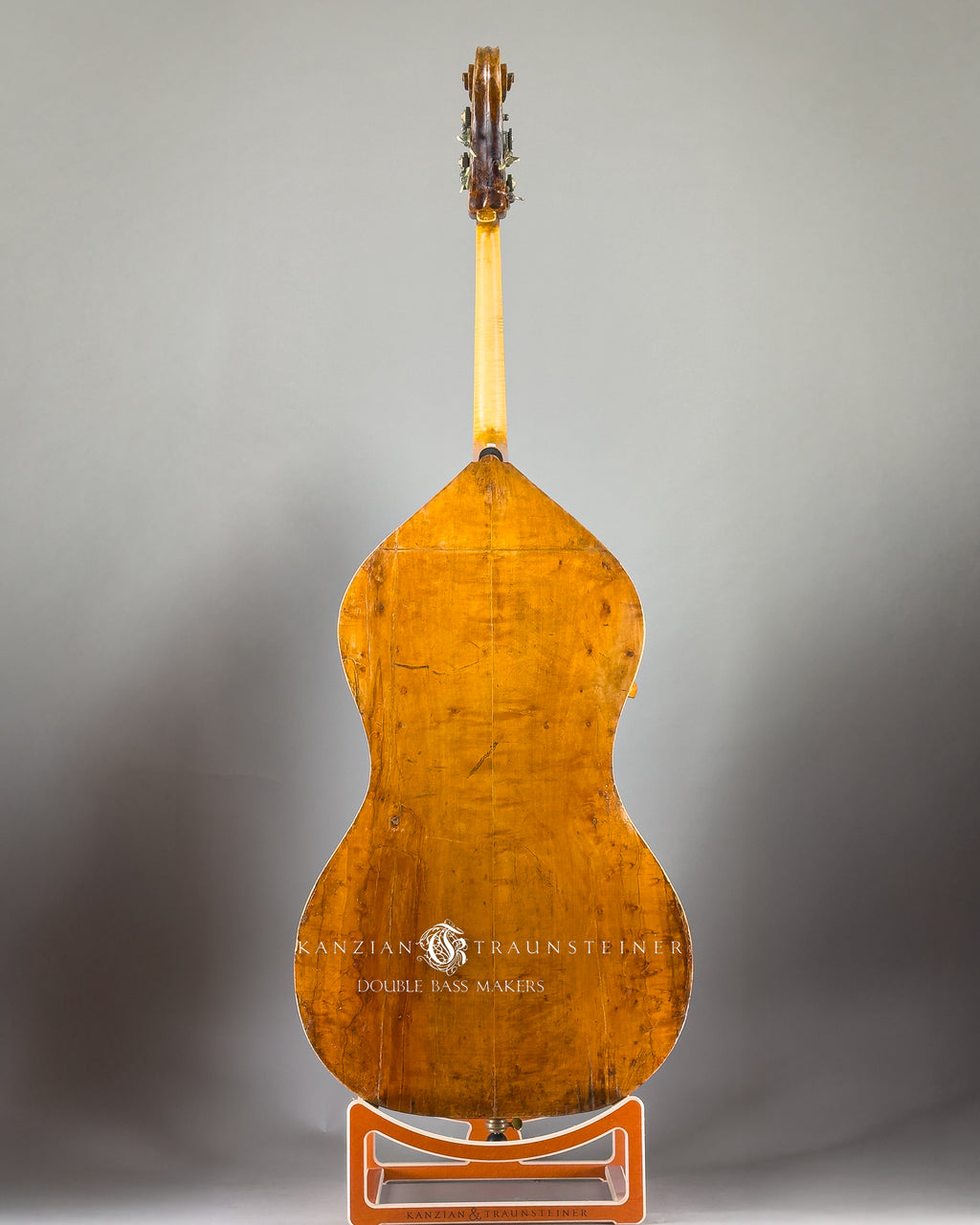 Pear shaped Italian Double bass labeled Rotella full back view