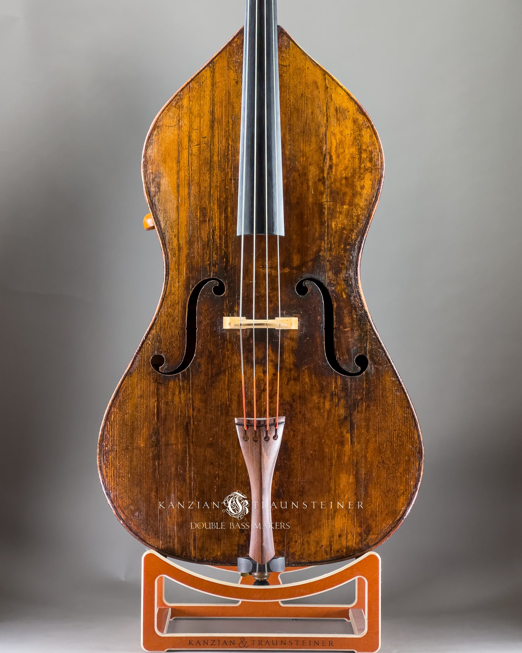 Pear shaped Italian Double bass labeled Rotella front view