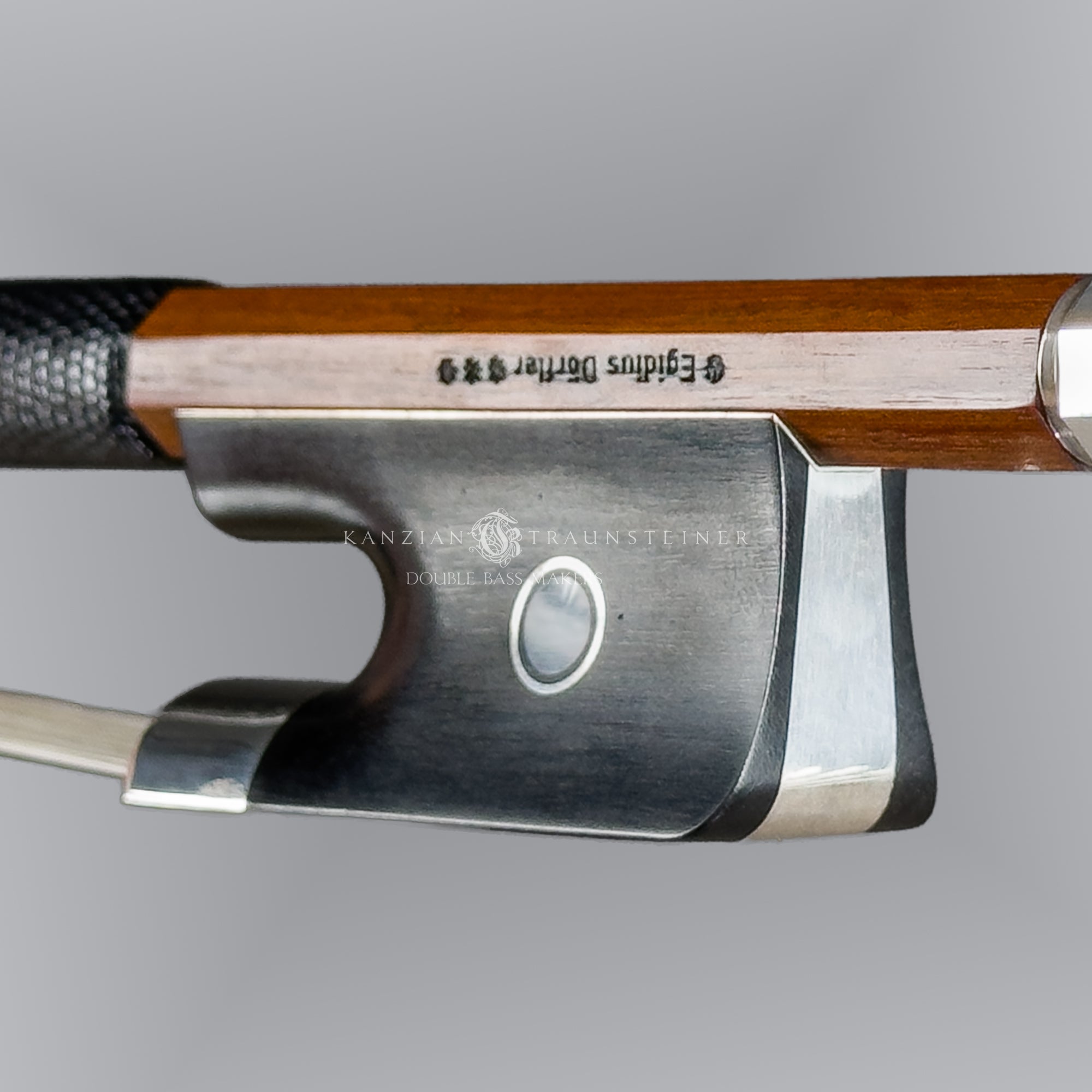 stamp close up image of Egidius Dörfler***, French Double bass bow made in Germany 2026