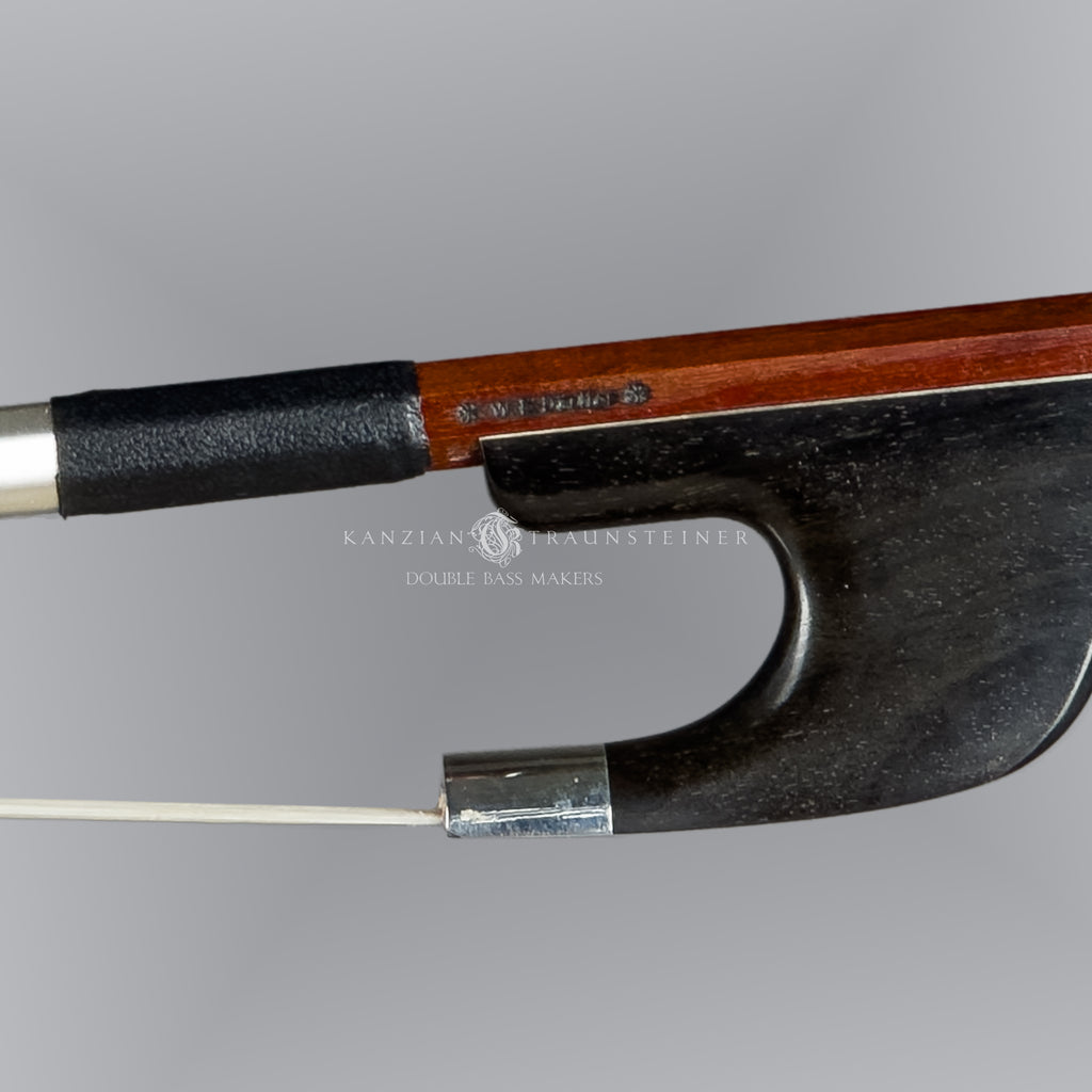 2026 double bass bow W.E Dörfler, close up of stamp on frog