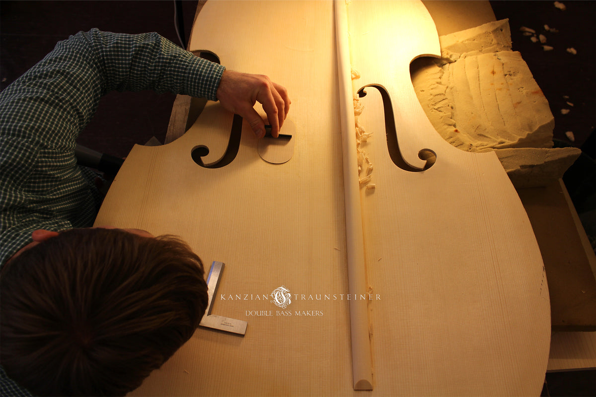 Bass bar detail as double bass is crafted in the Double bass in the making in Kanzian & Traunsteiner's workshop